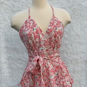 New Pink floral romper shorts V-Neck style ruffle with waist belt